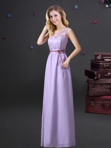 Low Price Scoop See Through Sleeveless Lace Up Floor Length Lace and Appliques and Belt Damas Dress