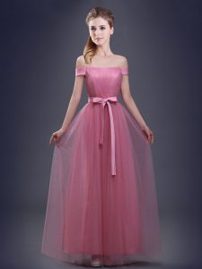 Pink Empire Tulle Off The Shoulder Sleeveless Ruching and Bowknot Floor Length Lace Up Quinceanera Court Dresses