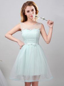 Scoop Apple Green Sleeveless Mini Length Lace and Appliques and Belt Lace Up Quinceanera Court of Honor Dress