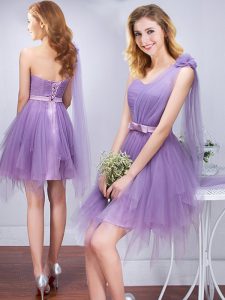 Lavender A-line One Shoulder Sleeveless Tulle Mini Length Lace Up Ruffles and Ruching and Belt and Hand Made Flower Damas Dress