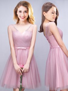 Pretty Mini Length Pink Quinceanera Court of Honor Dress V-neck Sleeveless Lace Up