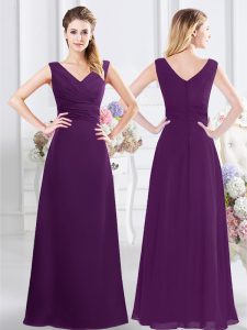 Hot Selling Floor Length Purple Quinceanera Dama Dress V-neck Sleeveless Zipper