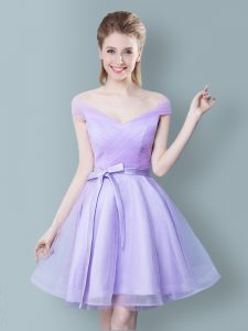 Noble Knee Length Lavender Dama Dress Tulle Cap Sleeves Ruching and Bowknot
