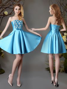 Deluxe Strapless Sleeveless Lace Up Dama Dress Baby Blue Satin