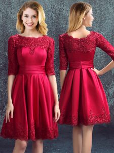 Adorable Wine Red Zipper Dama Dress for Quinceanera Lace Half Sleeves Mini Length