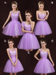 Ideal Scoop Lace and Ruching Court Dresses for Sweet 16 Lilac Lace Up Sleeveless Mini Length