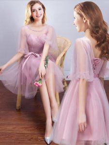 Best Selling Pink Scoop Neckline Ruching and Bowknot Quinceanera Court of Honor Dress Half Sleeves Lace Up