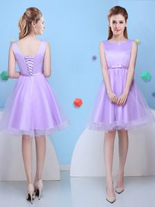 Affordable Scoop Lavender A-line Bowknot Quinceanera Court of Honor Dress Lace Up Tulle Sleeveless Knee Length