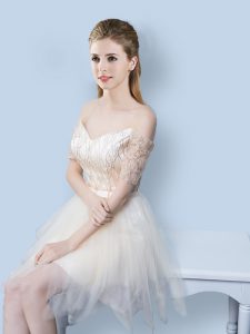 Off the Shoulder Sequins Asymmetrical A-line Short Sleeves Champagne Quinceanera Court of Honor Dress Lace Up