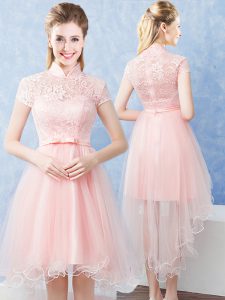 Delicate Baby Pink Zipper Quinceanera Court Dresses Lace and Belt Short Sleeves High Low