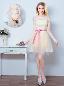 Scoop Short Sleeves Tulle Mini Length Lace Up Court Dresses for Sweet 16 in Champagne with Lace and Appliques and Ruffles and Bowknot
