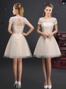 Mini Length Champagne Quinceanera Court Dresses Scoop Short Sleeves Lace Up
