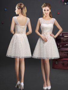 Comfortable Scoop Lace and Appliques Quinceanera Court Dresses Champagne Lace Up Sleeveless Knee Length