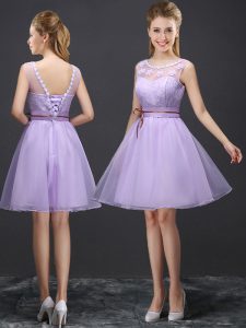 A-line Vestidos de Damas Lavender Scoop Organza Sleeveless Mini Length Lace Up