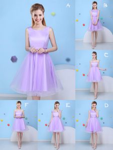 High Class Scoop Knee Length A-line Sleeveless Lavender Dama Dress for Quinceanera Lace Up