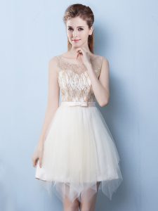 Scoop Champagne Sleeveless Asymmetrical Sequins and Bowknot Lace Up Quinceanera Dama Dress
