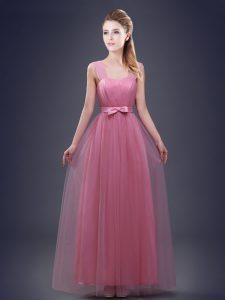 Beauteous Straps Ruching and Bowknot Damas Dress Pink Lace Up Sleeveless Floor Length