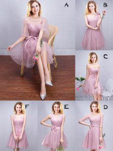 Delicate Scoop Pink Sleeveless Tulle Lace Up Vestidos de Damas for Prom and Party and Wedding Party