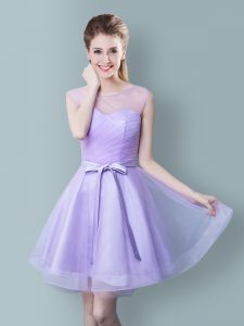 Lavender Zipper Scoop Ruching and Bowknot Court Dresses for Sweet 16 Tulle Sleeveless