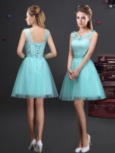 Aqua Blue Scoop Neckline Lace and Appliques and Belt Court Dresses for Sweet 16 Sleeveless Lace Up