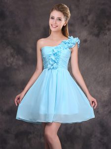 Designer One Shoulder Baby Blue Chiffon Zipper Dama Dress for Quinceanera Sleeveless Mini Length Ruffles and Ruching