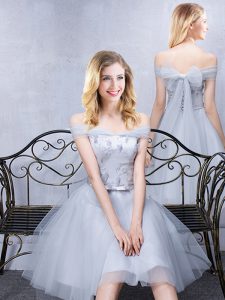Perfect Short Sleeves Grey Off The Shoulder Lace Up Lace and Appliques and Belt Dama Dress Sleeveless