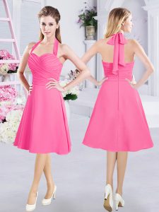 Admirable Halter Top Knee Length A-line Sleeveless Hot Pink Court Dresses for Sweet 16 Zipper