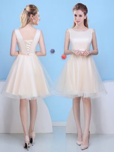 A-line Quinceanera Court of Honor Dress Champagne Scoop Tulle Sleeveless Knee Length Lace Up
