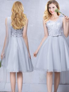 Sweet One Shoulder Sleeveless Knee Length Lace and Appliques and Belt Lace Up Dama Dress with Grey