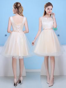 Champagne A-line Tulle Scoop Sleeveless Bowknot Knee Length Lace Up Dama Dress for Quinceanera
