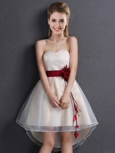 High Low Lace Up Quinceanera Court Dresses Champagne for Prom and Party and Wedding Party with Lace and Hand Made Flower