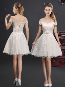 Sumptuous Off the Shoulder Champagne Lace Lace Up Quinceanera Court Dresses Sleeveless Knee Length Lace and Appliques