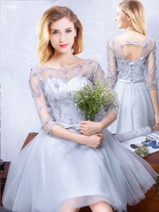 Graceful Grey Quinceanera Court of Honor Dress Prom and Party and Wedding Party and For with Lace and Appliques and Belt Scoop Half Sleeves Lace Up