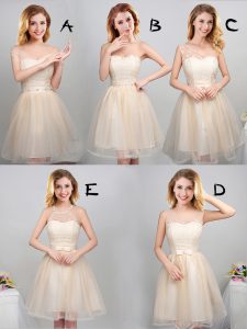 Adorable Off The Shoulder Sleeveless Court Dresses for Sweet 16 Mini Length Lace and Appliques and Belt Champagne Tulle