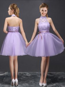 Lavender Halter Top Neckline Lace and Belt Court Dresses for Sweet 16 Sleeveless Lace Up