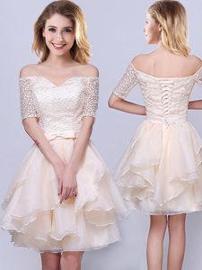 Dramatic Off the Shoulder Champagne A-line Lace and Ruffles and Belt Vestidos de Damas Lace Up Organza Short Sleeves Mini Length