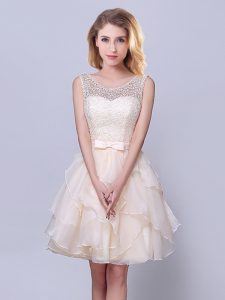 Scoop Champagne Lace Up Dama Dress Lace and Ruffles and Belt Sleeveless Mini Length