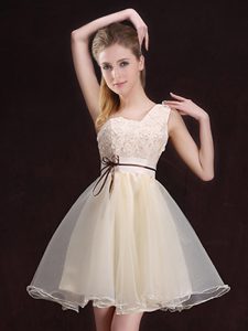 Champagne A-line One Shoulder Sleeveless Organza Mini Length Lace Up Appliques and Belt Damas Dress
