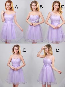 Custom Fit Off The Shoulder Sleeveless Quinceanera Dama Dress Mini Length Lace and Appliques and Belt Lavender Tulle