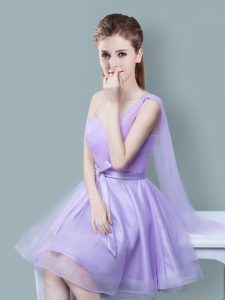 One Shoulder Lavender Empire Ruching and Bowknot Court Dresses for Sweet 16 Zipper Tulle Sleeveless Knee Length
