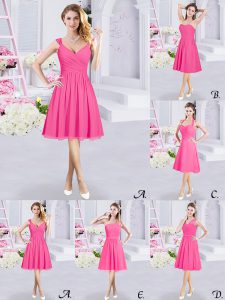Straps Sleeveless Dama Dress for Quinceanera Knee Length Lace and Ruching and Belt Hot Pink Chiffon
