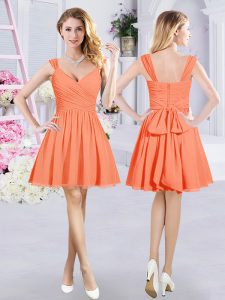 Beautiful Mini Length Orange Vestidos de Damas Chiffon Sleeveless Ruching and Belt
