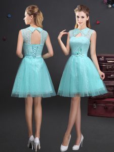 Fitting Aqua Blue High-neck Lace Up Lace and Appliques and Belt Court Dresses for Sweet 16 Sleeveless