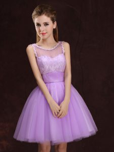 Scoop Lilac A-line Lace and Ruching Damas Dress Lace Up Tulle Sleeveless Mini Length