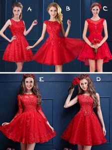Trendy Mini Length Red Dama Dress for Quinceanera Scoop Sleeveless Lace Up