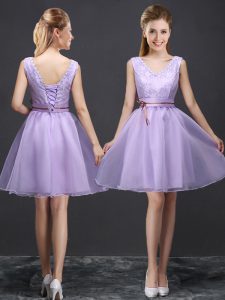 Lavender A-line Organza V-neck Sleeveless Lace and Appliques and Belt Mini Length Lace Up Court Dresses for Sweet 16