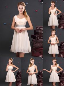 Free and Easy Sleeveless Chiffon Mini Length Zipper Quinceanera Court Dresses in Champagne with Ruffles and Sequins and Ruching and Bowknot and Hand Made Flower