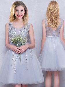 Grey Dama Dress for Quinceanera Prom and Party and Wedding Party and For with Beading and Appliques Scoop Sleeveless Zipper