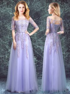 Square Half Sleeves Floor Length Appliques Lace Up Court Dresses for Sweet 16 with Lavender