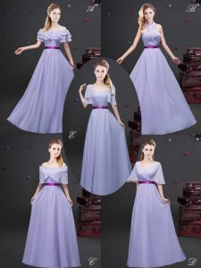 Chic Lavender Empire Chiffon Off The Shoulder Sleeveless Ruffled Layers and Ruching and Belt Floor Length Zipper Court Dresses for Sweet 16